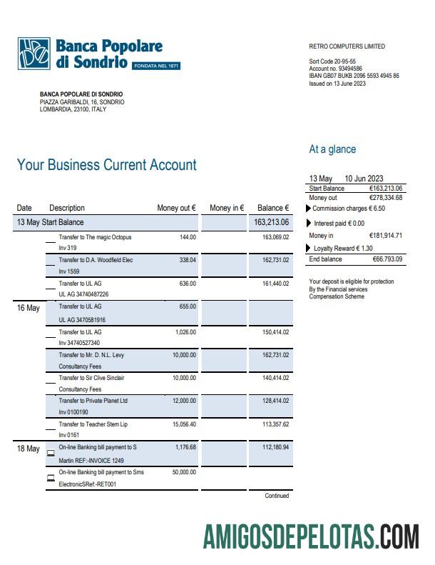 Imprimível Banca Populaire Di Sondrio Business Bank Statement Word And PDF modelo